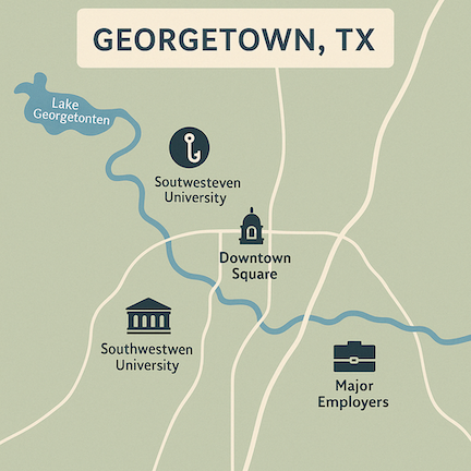 Map of Georgetown, TX showing RV park locations and nearby attractions like the San Gabriel River and downtown square